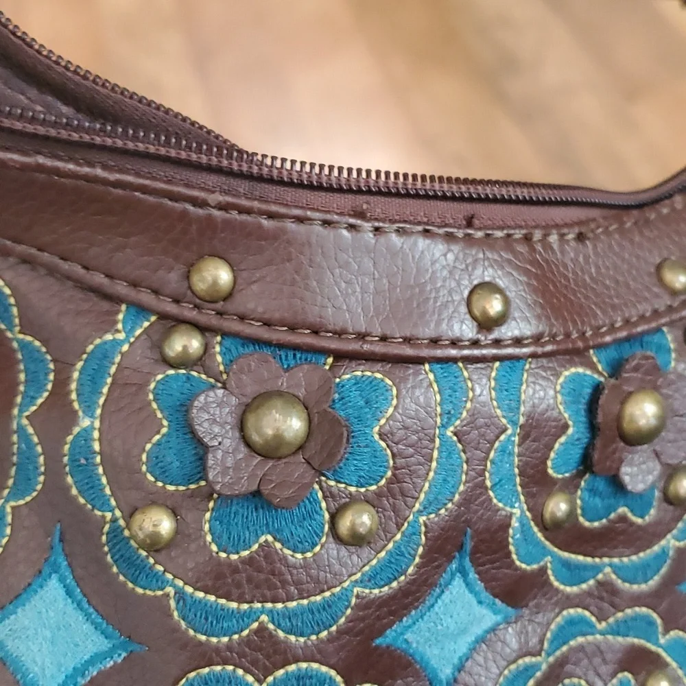 Vintage Brown Hobo Purse with‎ Turquoise Floral Embroidered Cutouts and Studs